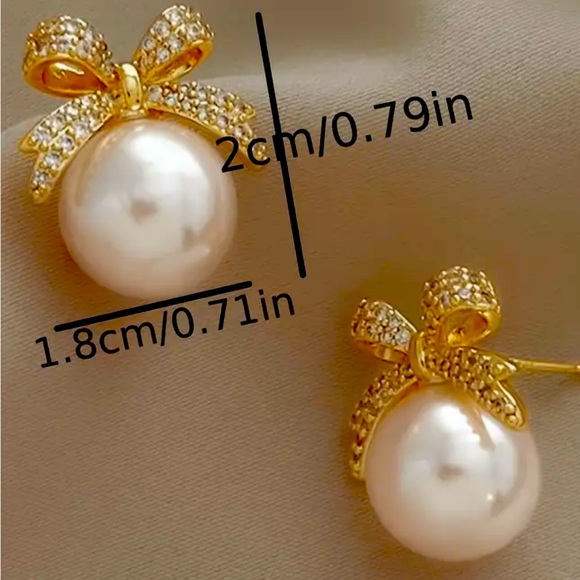 EARRINGS FULL SHINY RHINESTONE INLAID BOW FAUX PEARL - Picture 4 of 5